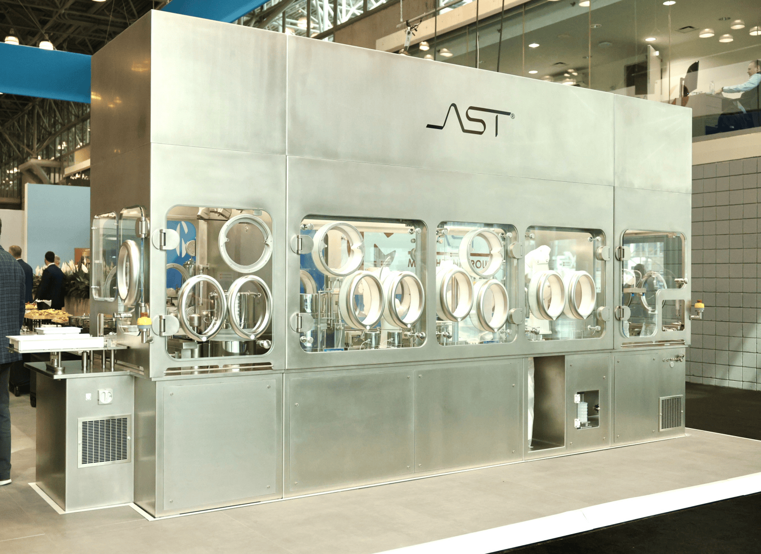 AST’s GENiSYS R modular fill-finish system on display at the INTERPHEX 2026 aseptic processing trade show.