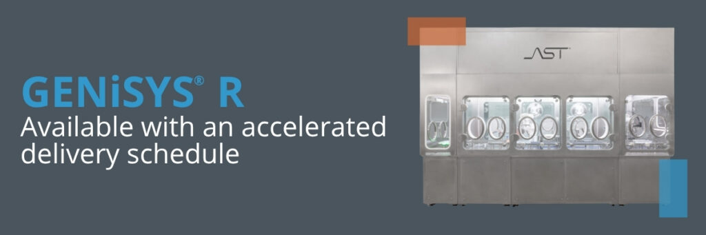 Product image of AST GENiSYS R robotic aseptic filling and closing system with integrated isolator, available on an accelerated delivery schedule