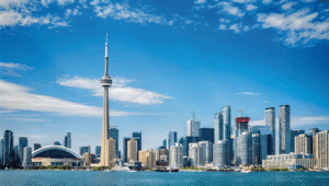 Toronto skyline featuring the CN Tower and waterfront in Ontario, Canada.